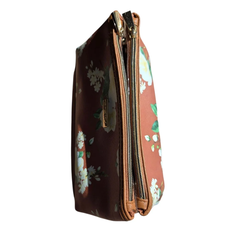Joan & David Rust Yellow/ White Floral Zippered Section Pouch Cosmetic Case NWOT